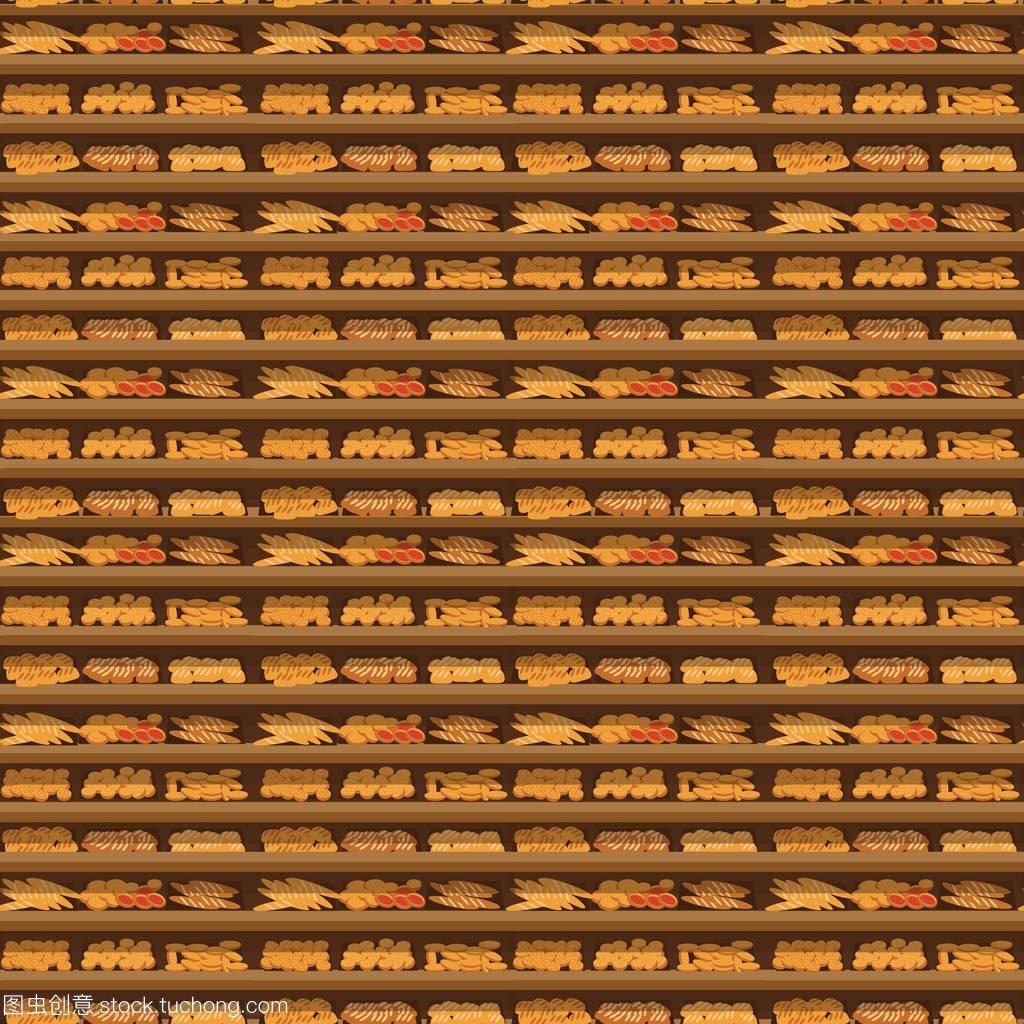 無(wú)縫模式面包店貨架里超市,大選擇的新鮮產(chǎn)品的銷(xiāo)售在食品商店內(nèi)部,商店矢量插圖配面包