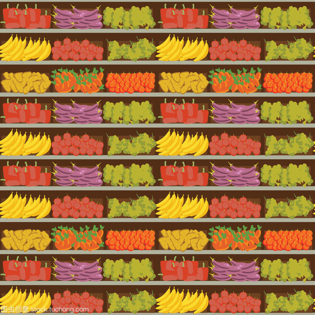 水果和蔬菜貨架和新鮮健康的食物,在超市,選擇大的有機產品的銷售在食品商店內部,商店矢量圖